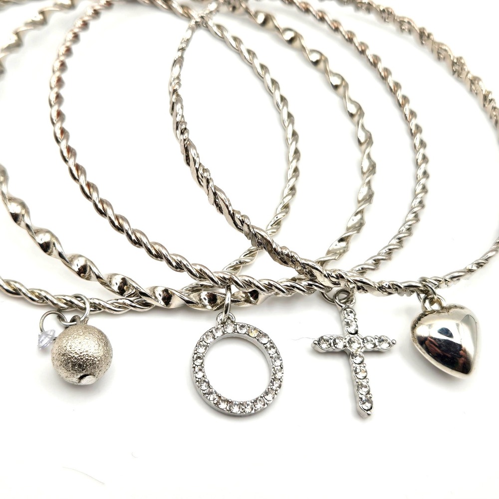 Silver Tone Twisted‎ Bangle Set Charm Bracelets Ball Cross Heart Circle 9 inches